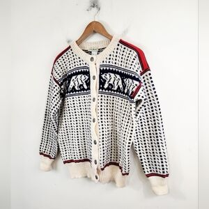 L.L. Bean Ivory, Navy & Red Elk Motif Wool Cardigan